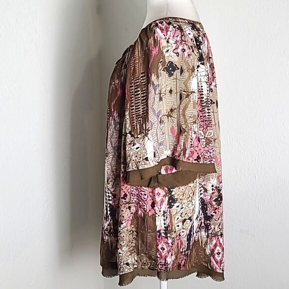 Roaman's Pink & Brown Buttondown Blouse with Brown Fringe Accent Hem, Size 14W - Picture 6 of 8